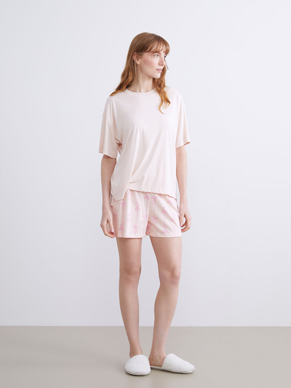 Pembe Bisiklet Yaka Kadın Pijama Üstü-1