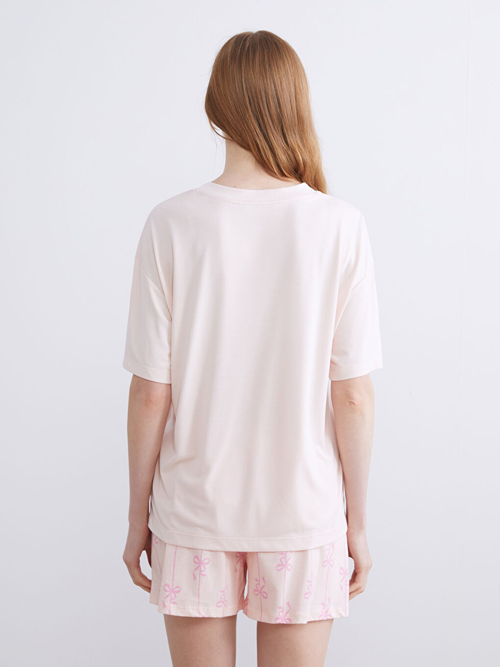 Pembe Bisiklet Yaka Kadın Pijama Üstü-3