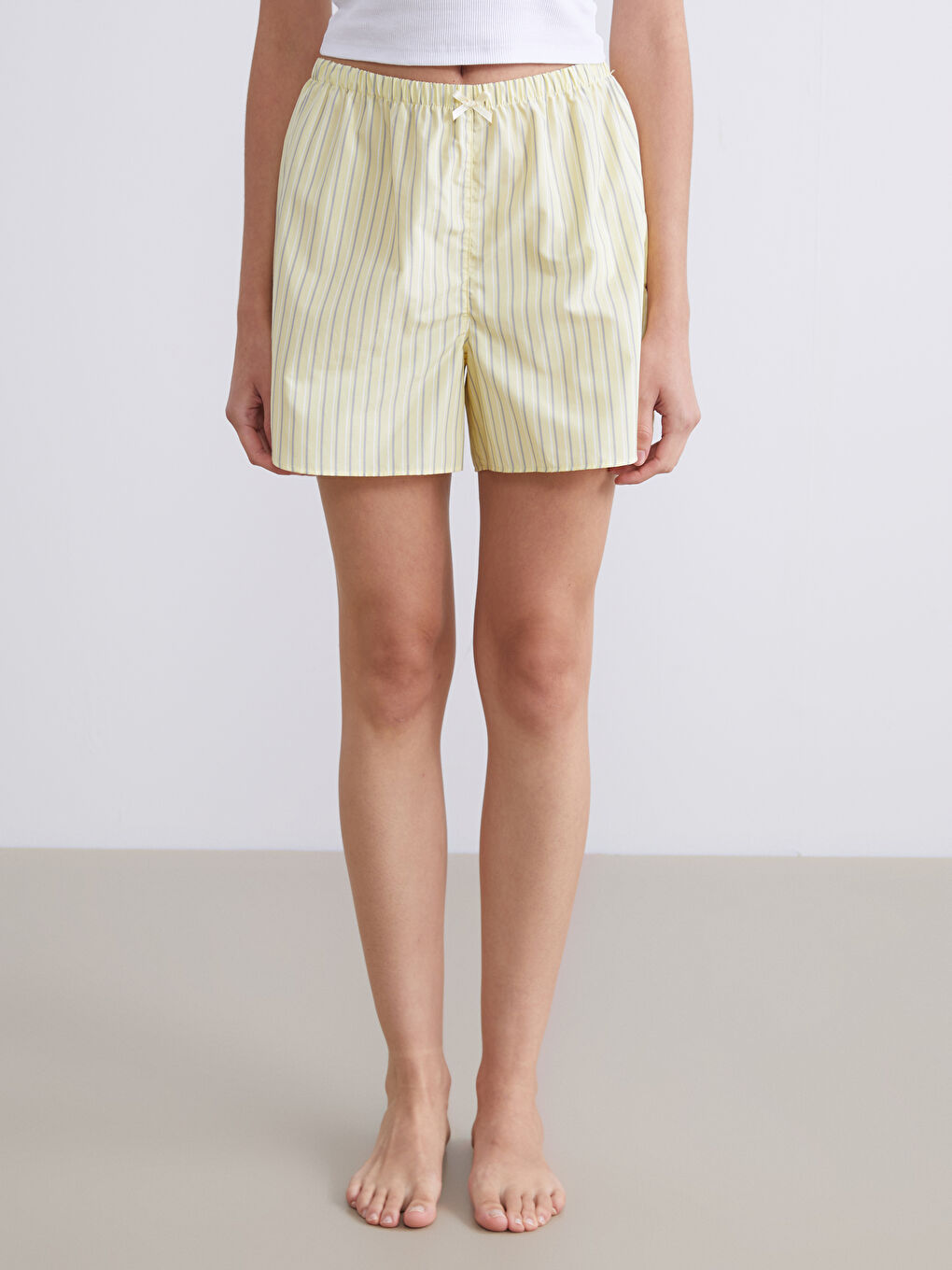 Sarı Beli Lastikli Çizgili Kadın Şort Pijama Altı-1