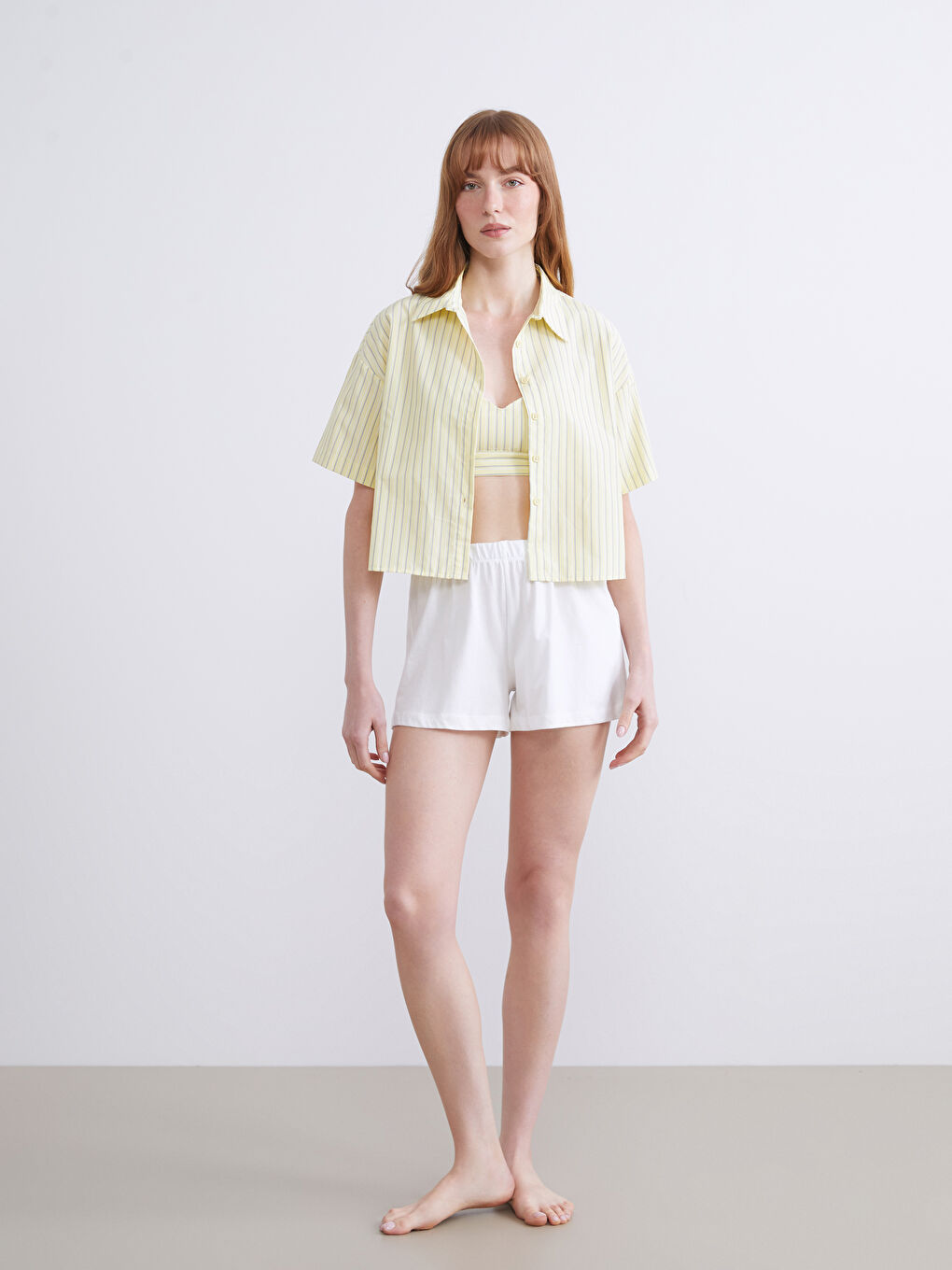 Sarı Çizgili Kadın Pijama Üstü ve Büstiyer 2'li-1