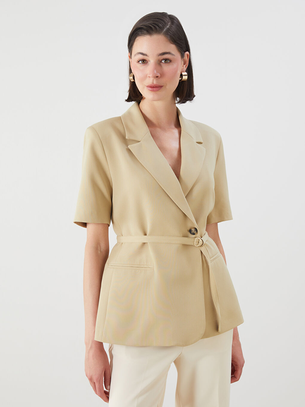 Haki Beli Kemerli Kadın Blazer Ceket