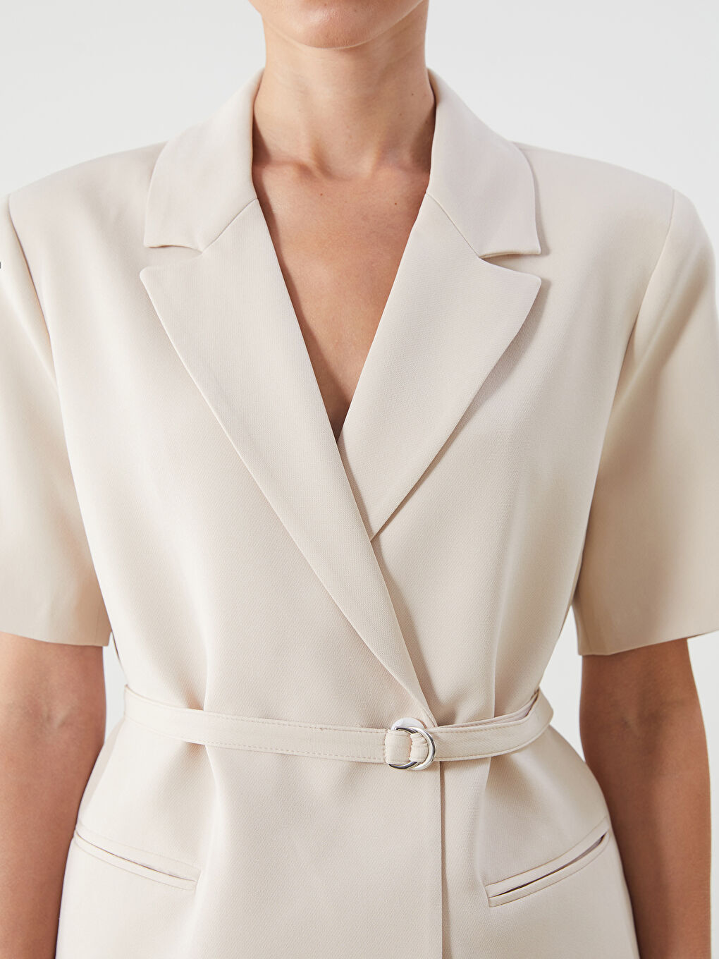 Bej Beli Kemerli Kadın Blazer Ceket-2