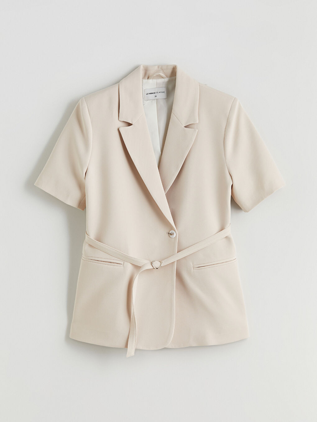 Bej Beli Kemerli Kadın Blazer Ceket-4