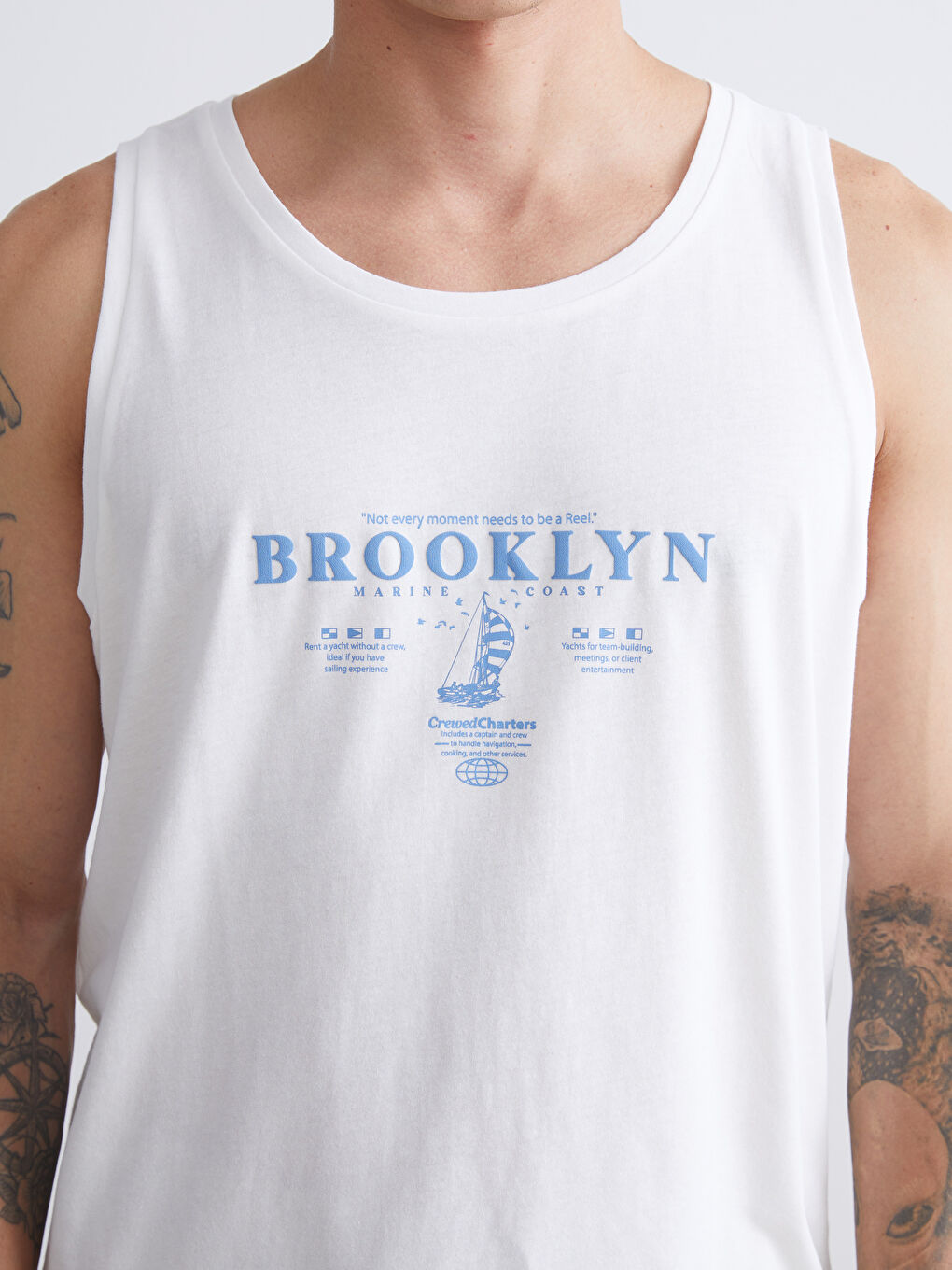 Ekru Bisiklet Yaka Baskılı Erkek Kolsuz Tişört-2