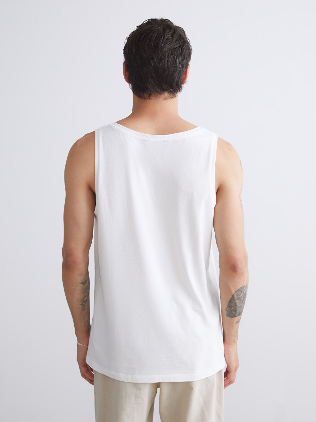 Ekru Bisiklet Yaka Baskılı Erkek Kolsuz Tişört-3