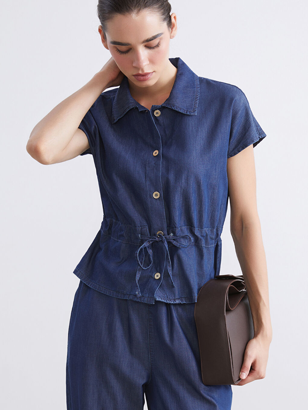 İndigo Gömlek Yaka Kadın Jean Yelek