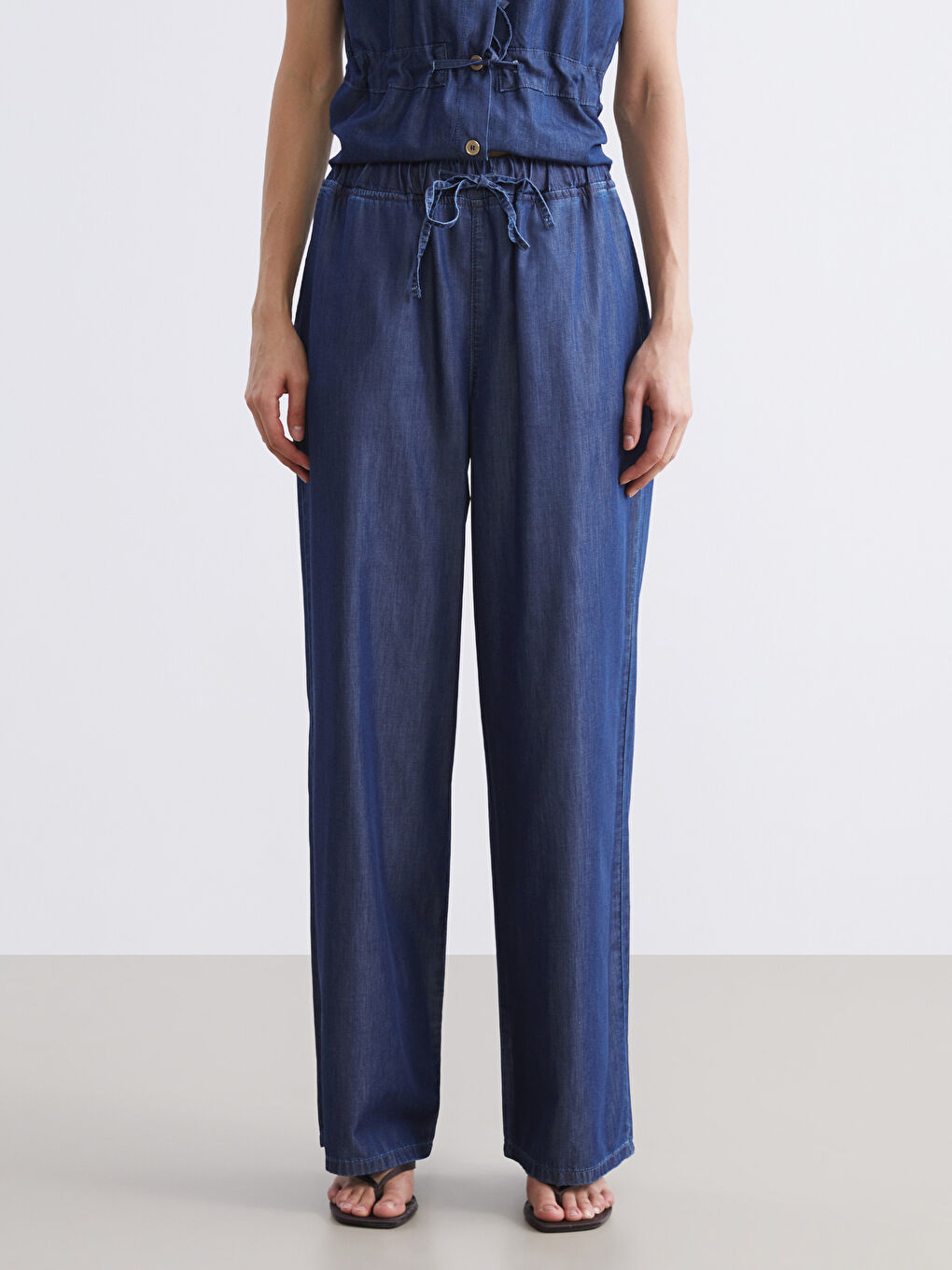 Lacivert Beli Lastikli Wideleg Kadın Jean Pantolon-1