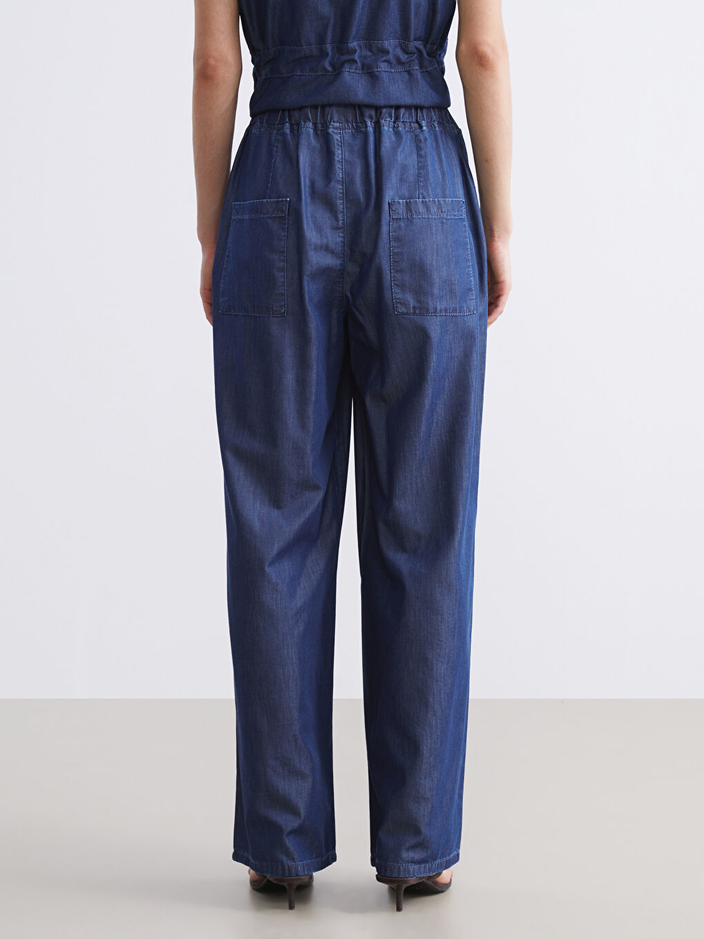 Lacivert Beli Lastikli Wideleg Kadın Jean Pantolon-3