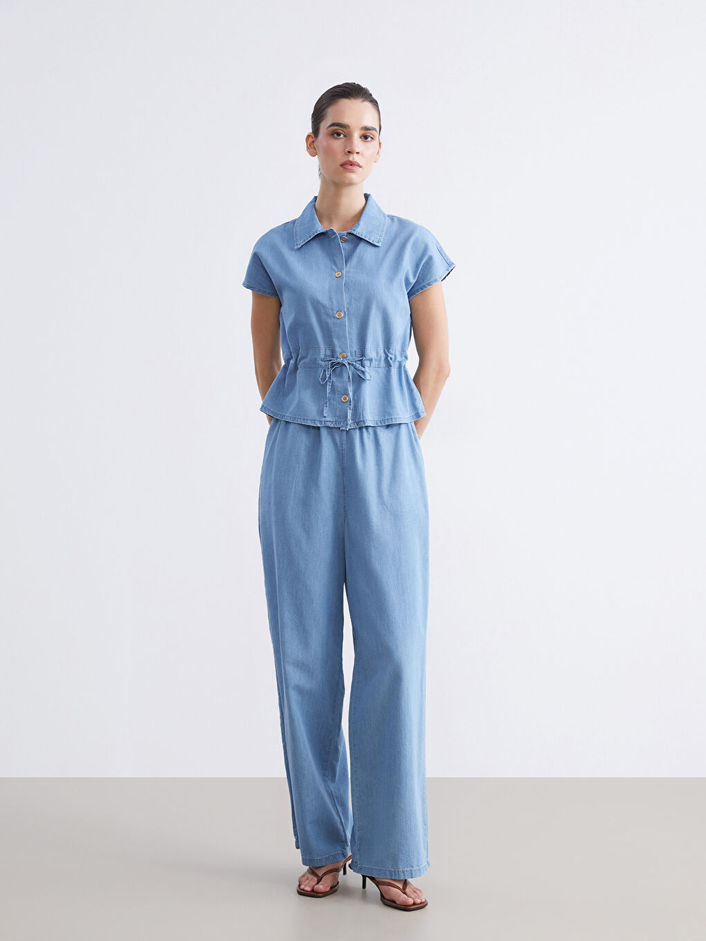 İndigo Gömlek Yaka Kadın Jean Yelek-1