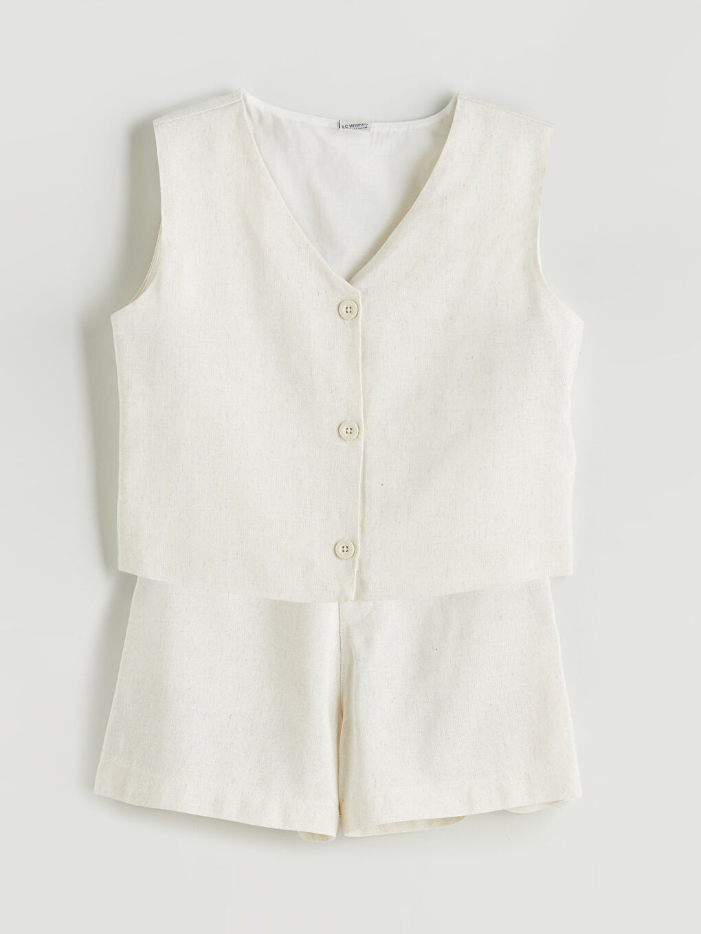 Bej Keten Karışımlı Kız Çocuk Klasik Yelek ve Şort