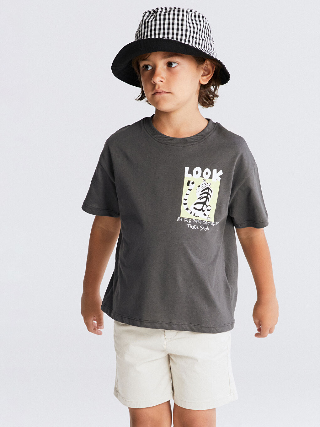 Antrasit Bisiklet Yaka Baskılı Erkek Çocuk Tişört-2