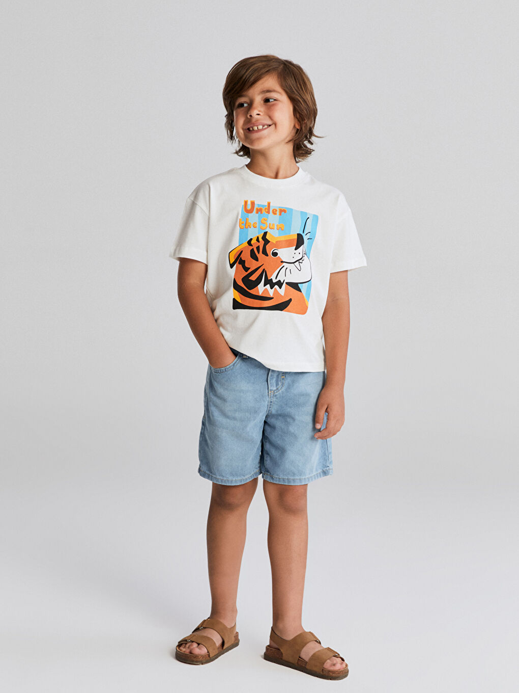 Ekru Bisiklet Yaka Kaplan Baskılı Erkek Çocuk Tişört-1