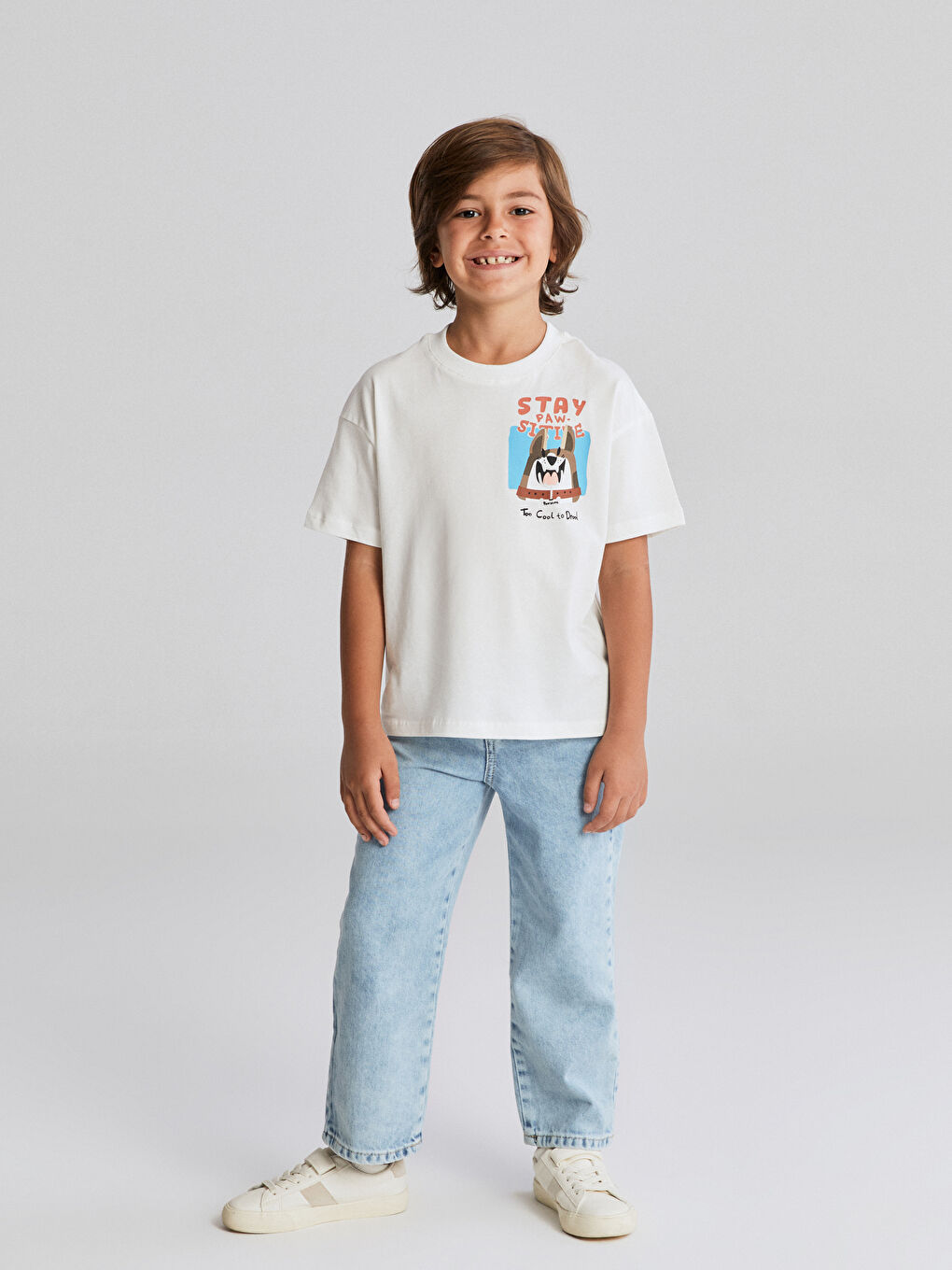 Ekru Bisiklet Yaka Baskılı Erkek Çocuk Tişört-1
