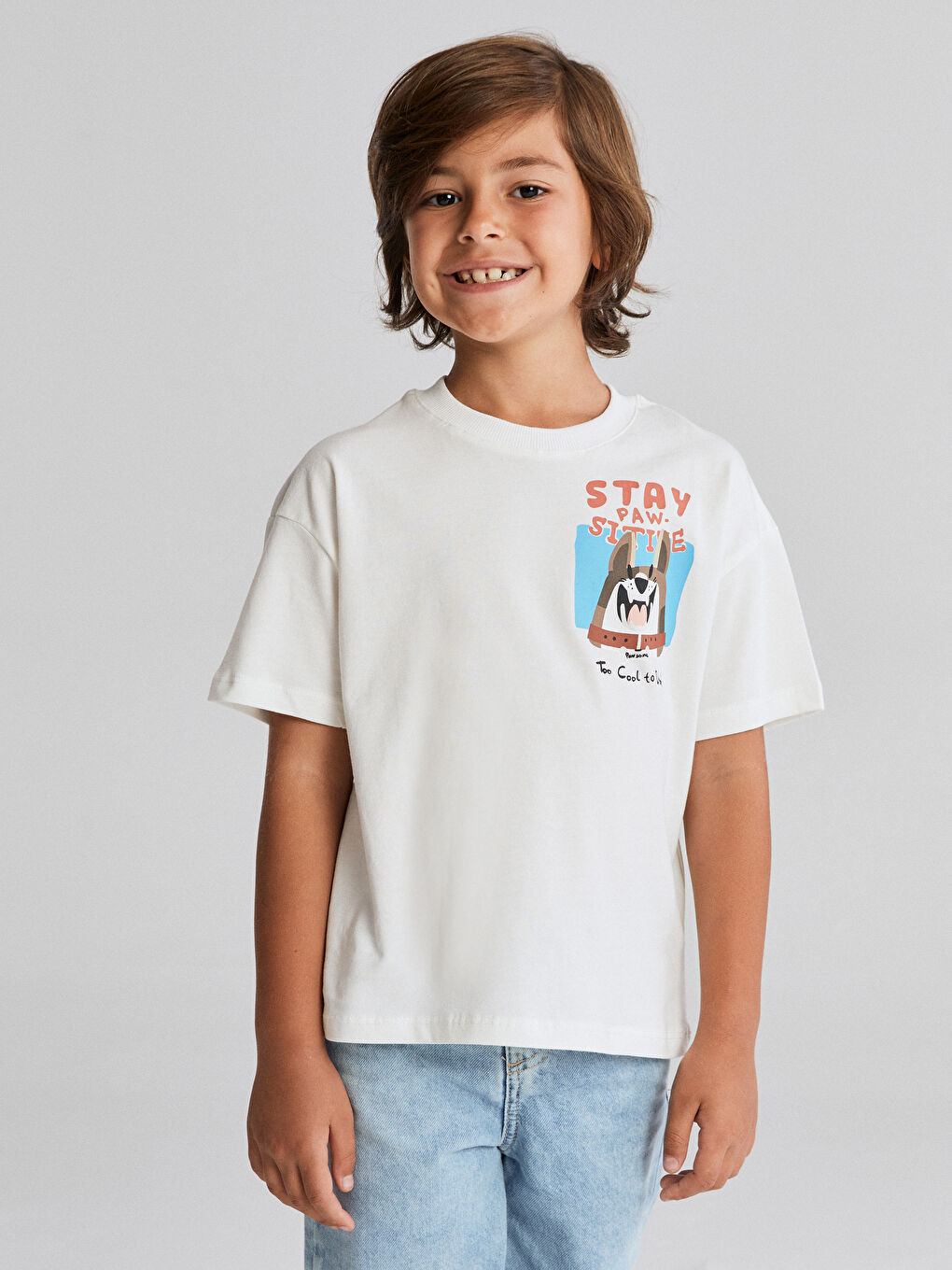 Ekru Bisiklet Yaka Baskılı Erkek Çocuk Tişört-2