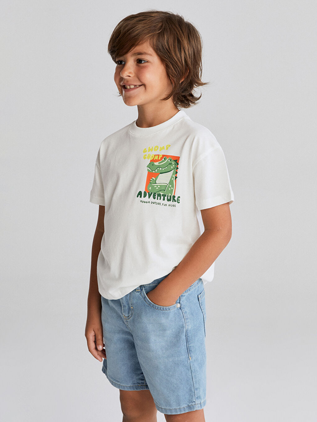 Ekru Bisiklet Yaka Dinozor Baskılı Erkek Çocuk Tişört-1