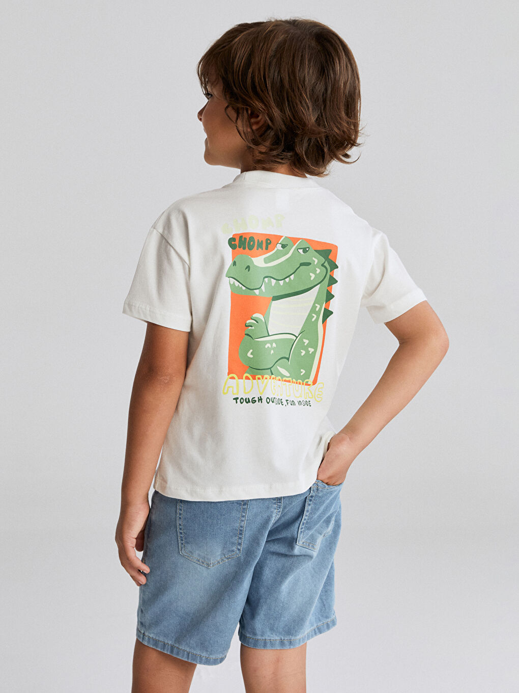 Ekru Bisiklet Yaka Dinozor Baskılı Erkek Çocuk Tişört-2