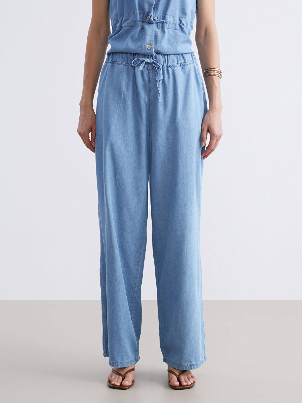 Lacivert Beli Lastikli Wideleg Kadın Jean Pantolon-1