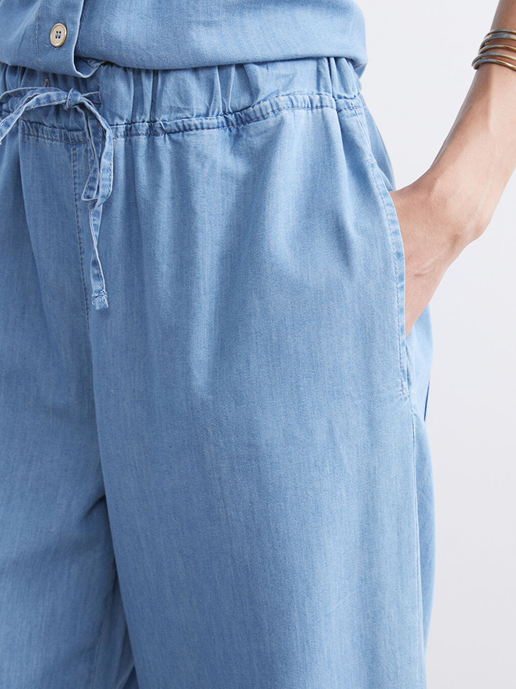 Lacivert Beli Lastikli Wideleg Kadın Jean Pantolon-2