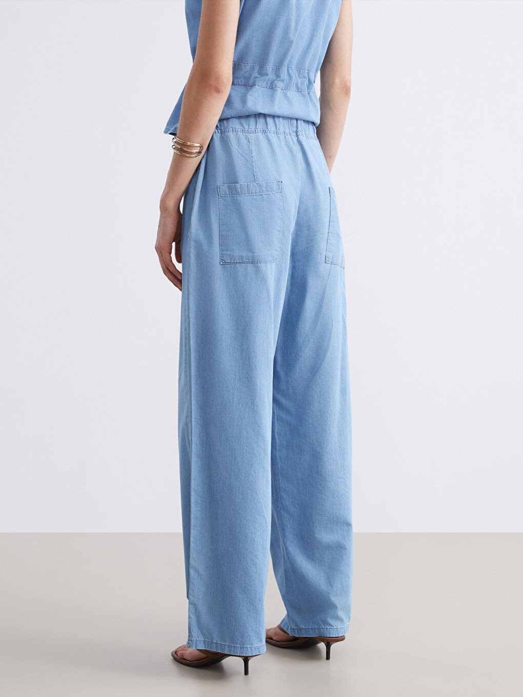 Lacivert Beli Lastikli Wideleg Kadın Jean Pantolon-3