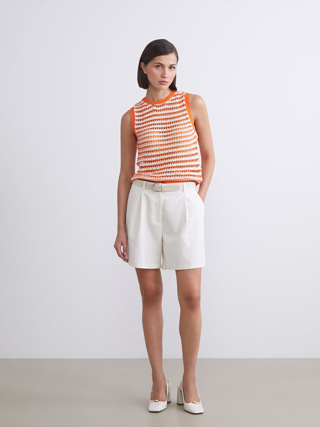 Turuncu Bisiklet Yaka Ajurlu Kadın Triko Süveter-1