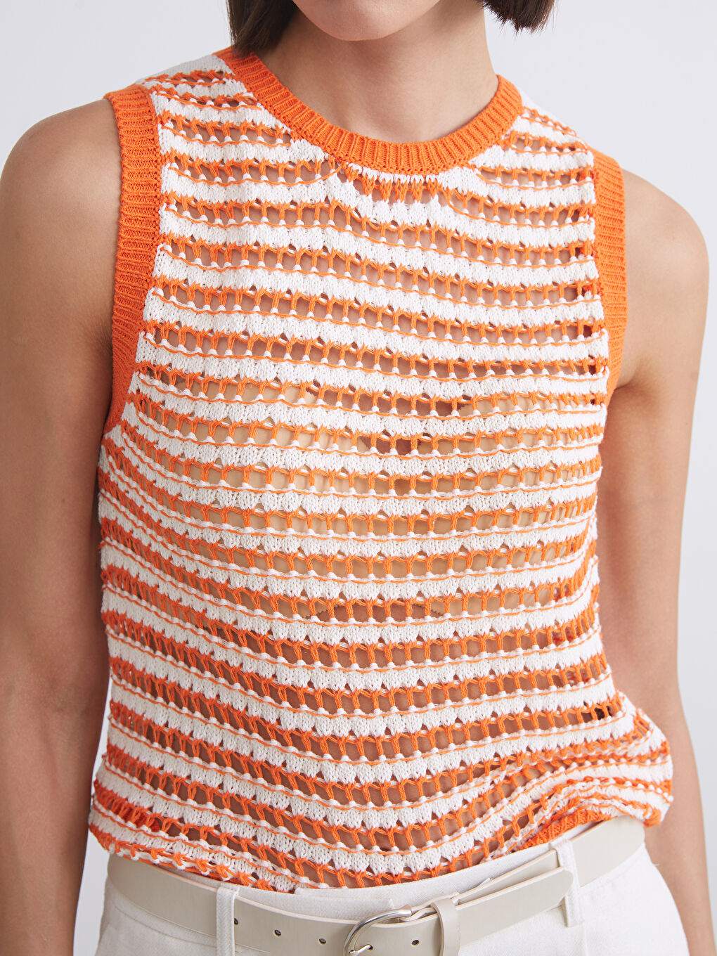 Turuncu Bisiklet Yaka Ajurlu Kadın Triko Süveter-2