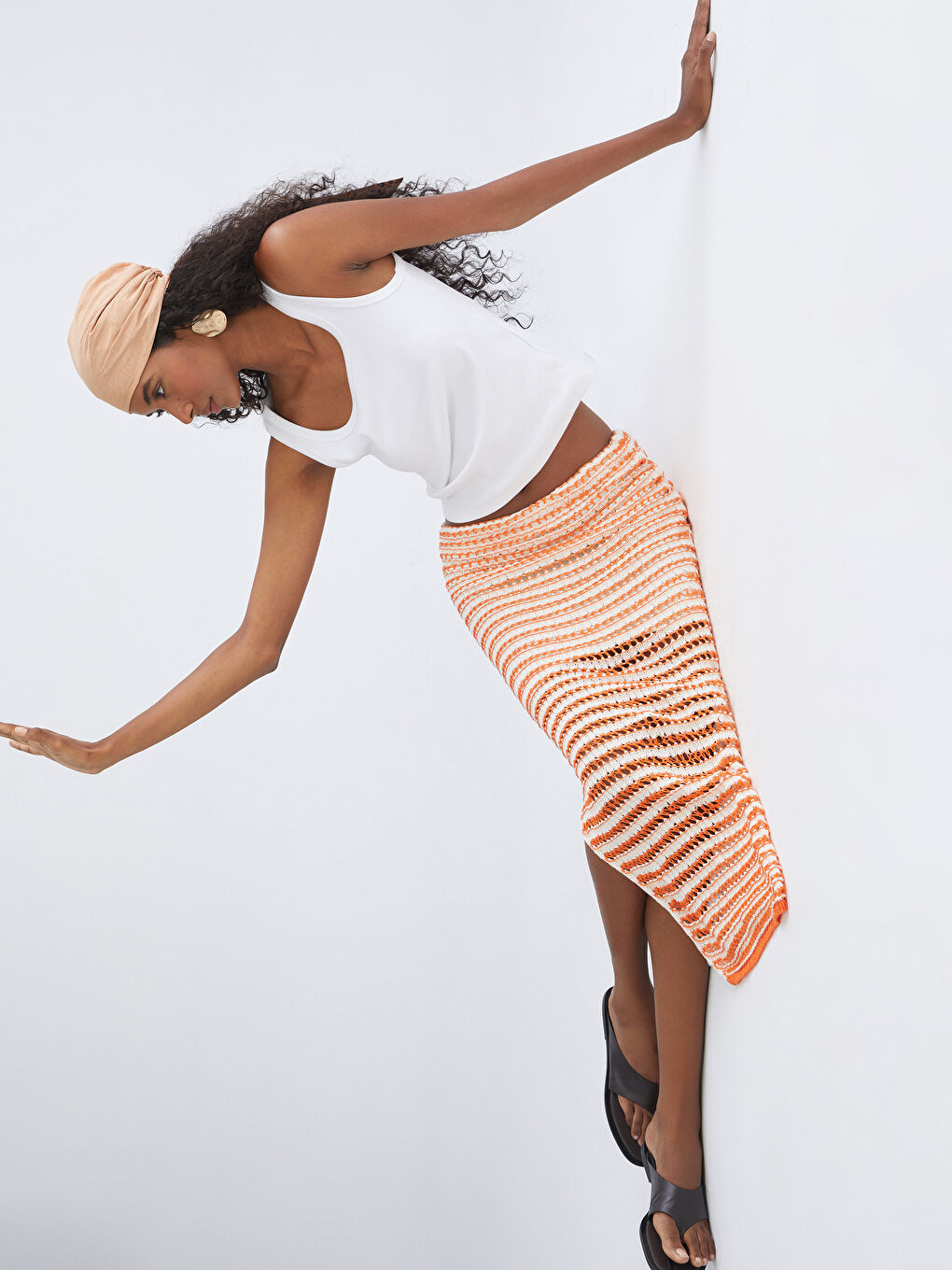 Turuncu Beli Lastikli Ajurlu Triko Etek