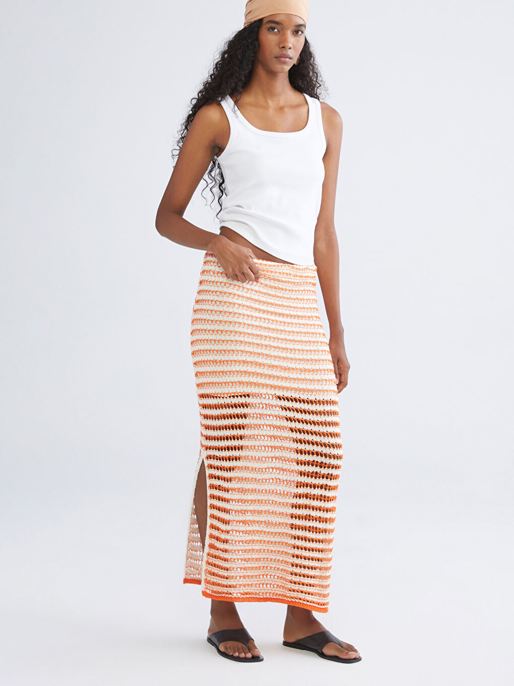 Turuncu Beli Lastikli Ajurlu Triko Etek-1