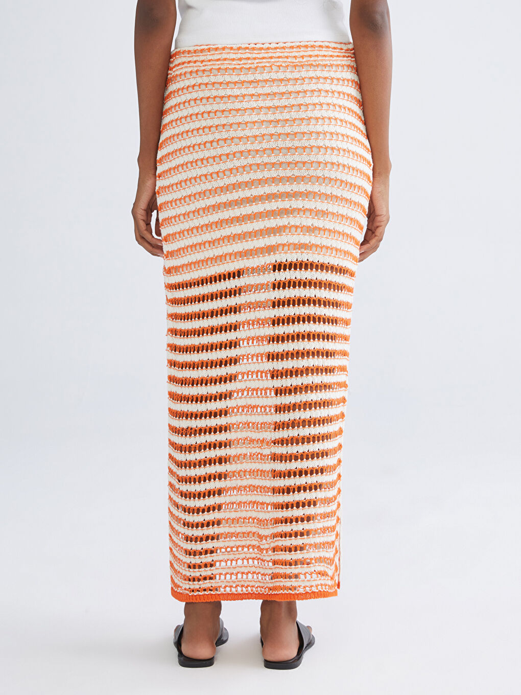 Turuncu Beli Lastikli Ajurlu Triko Etek-3