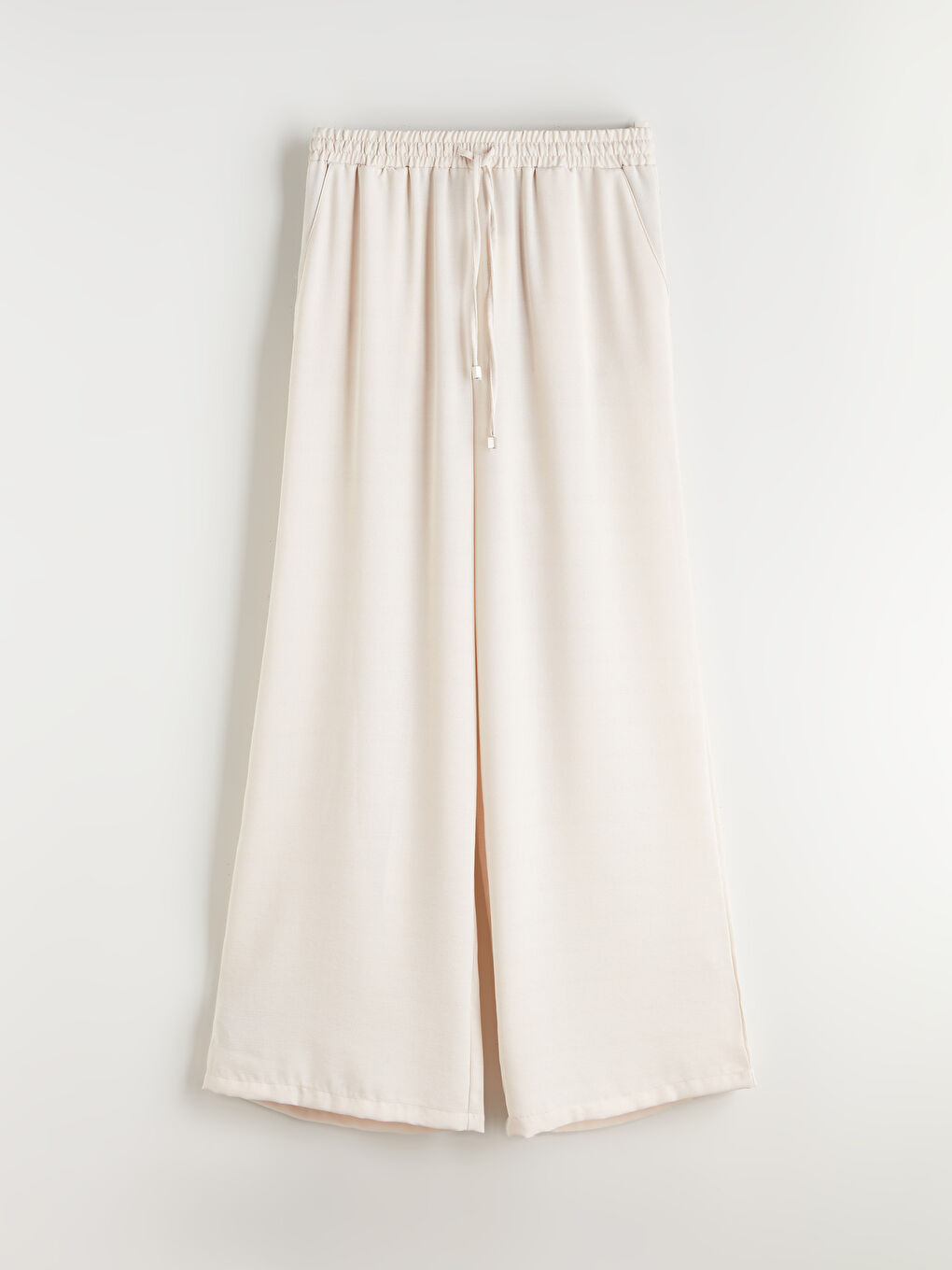 Bej Beli Lastikli Geniş Paça Kadın Pantolon-4