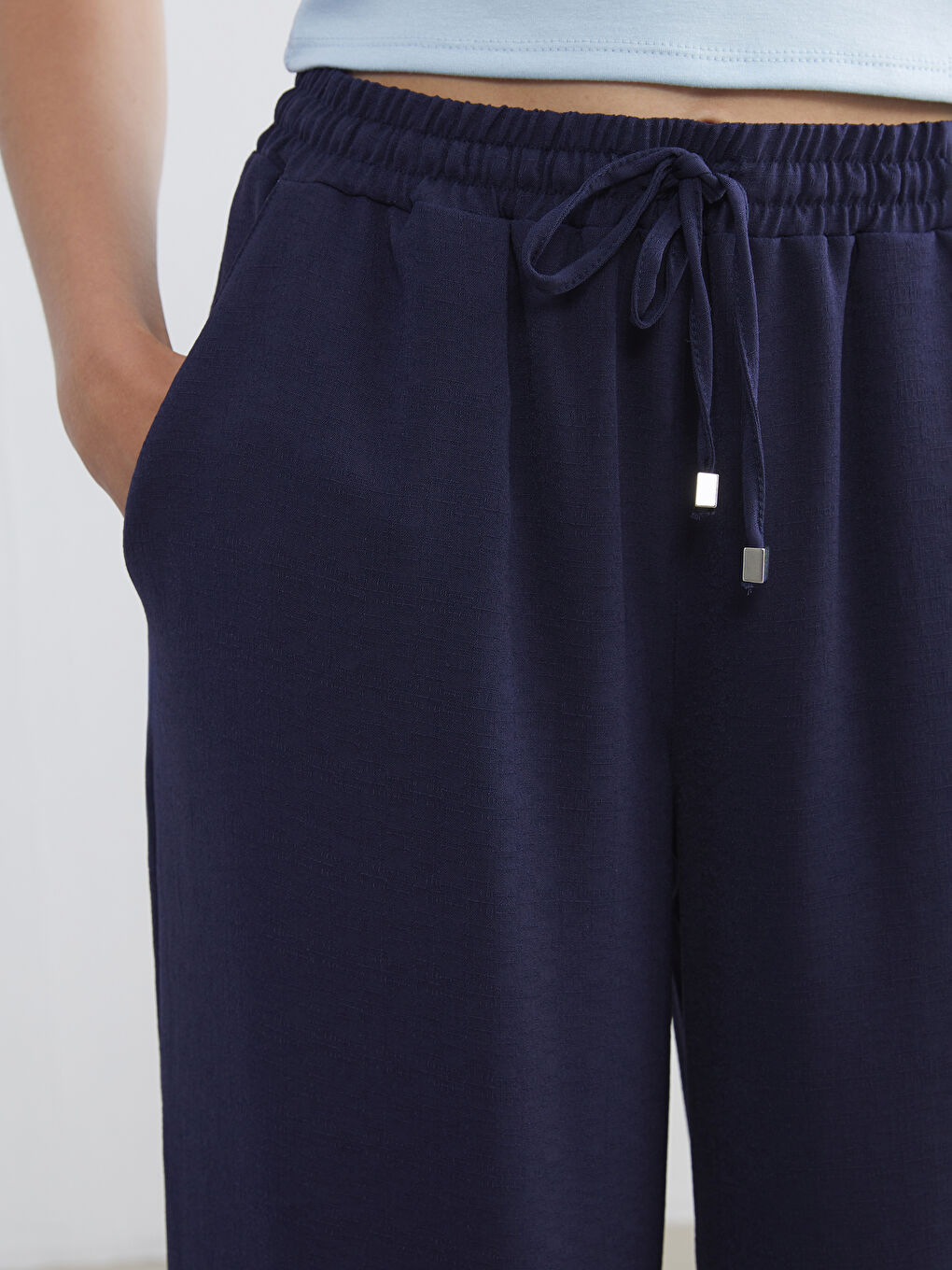 Lacivert Beli Lastikli Geniş Paça Kadın Pantolon-2