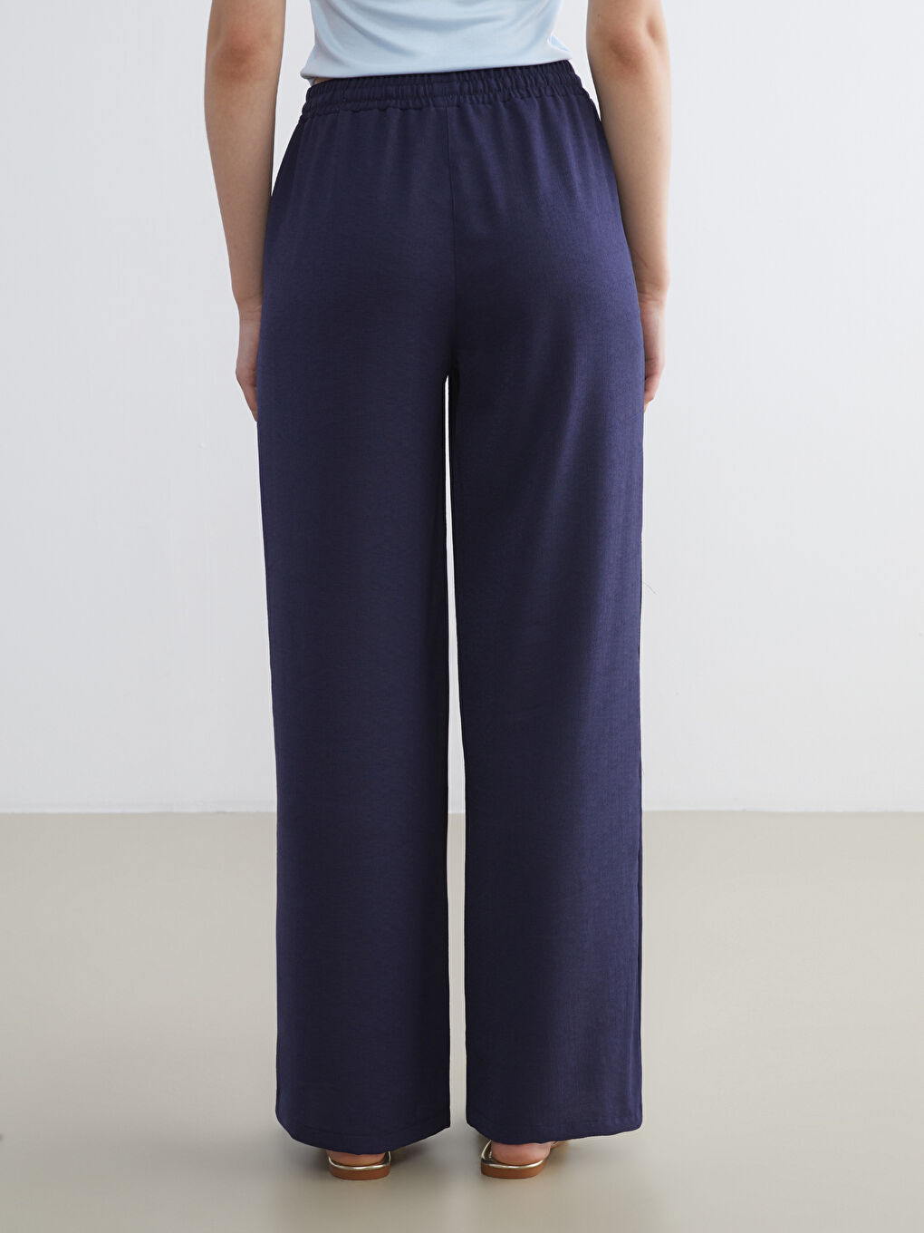 Lacivert Beli Lastikli Geniş Paça Kadın Pantolon-3