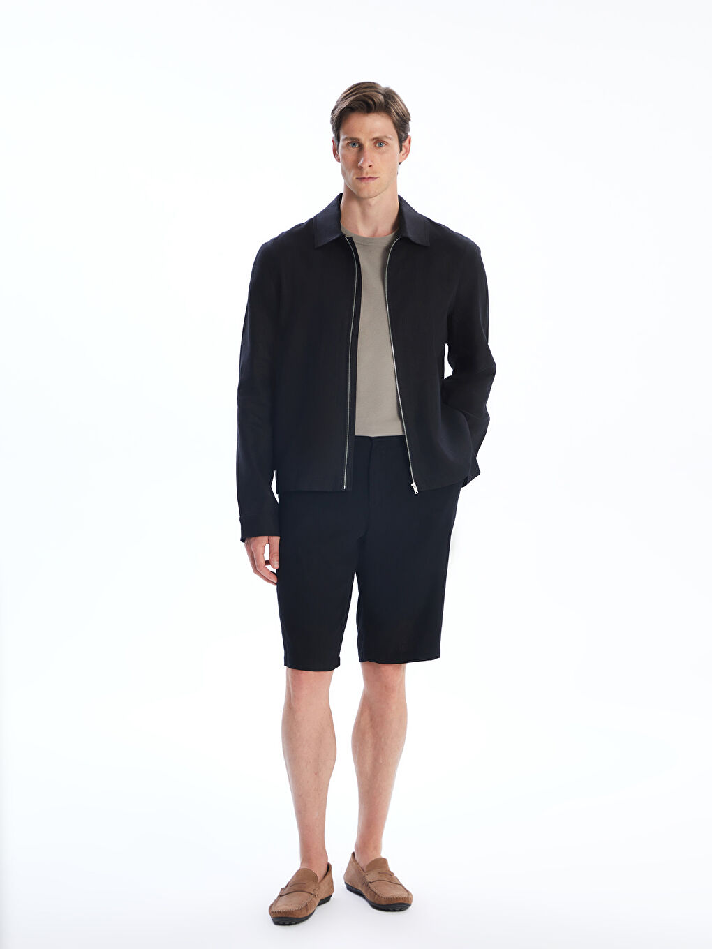 Siyah Standart Kalıp Gömlek Yaka %100 Keten Erkek Ceket-1