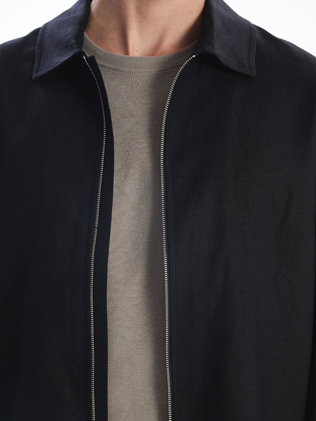 Siyah Standart Kalıp Gömlek Yaka %100 Keten Erkek Ceket-2