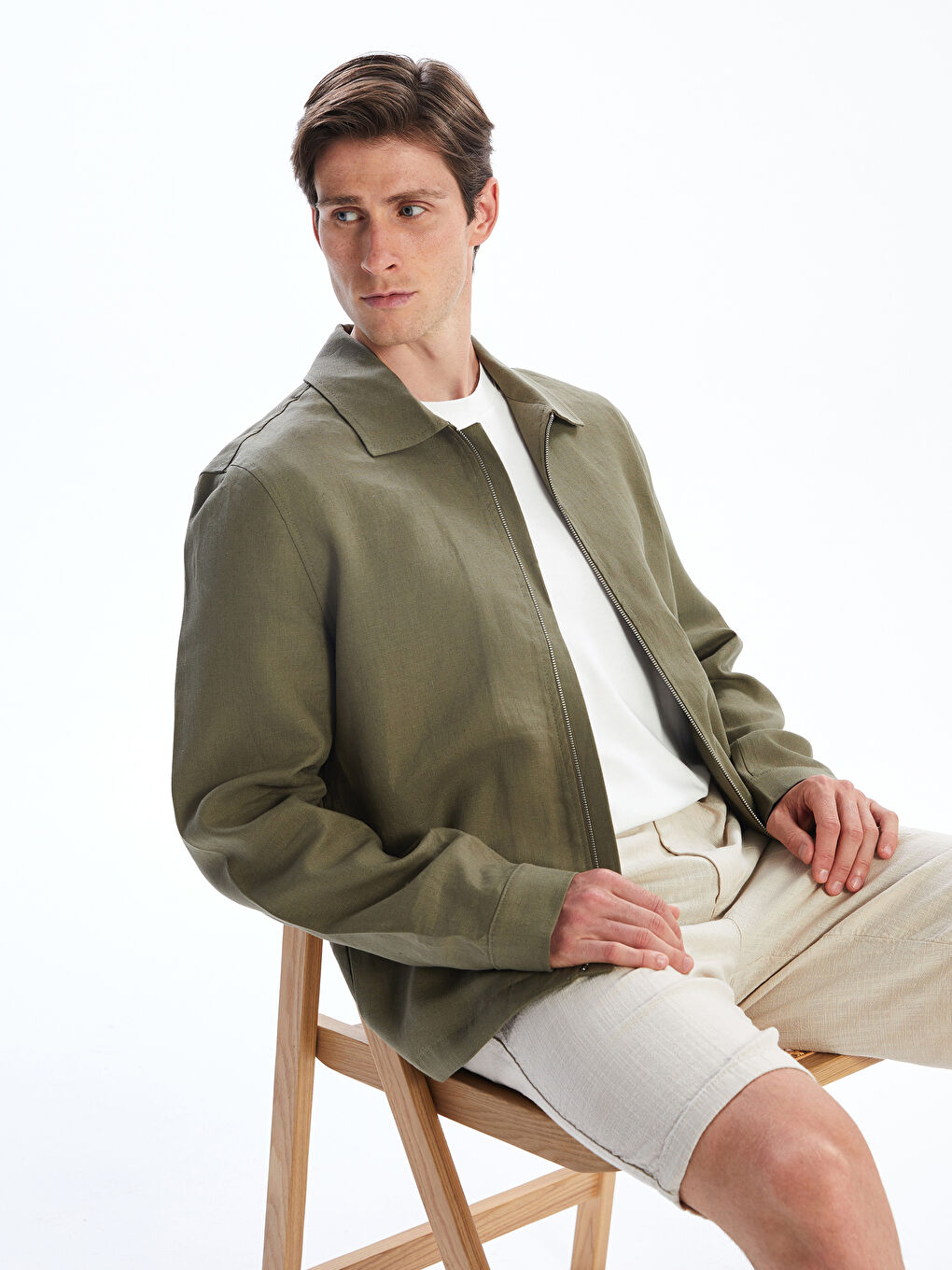 Haki Standart Kalıp Gömlek Yaka %100 Keten Erkek Ceket