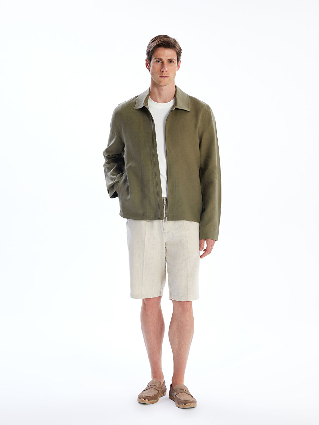 Haki Standart Kalıp Gömlek Yaka %100 Keten Erkek Ceket-1