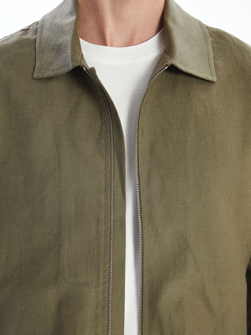 Haki Standart Kalıp Gömlek Yaka %100 Keten Erkek Ceket-2