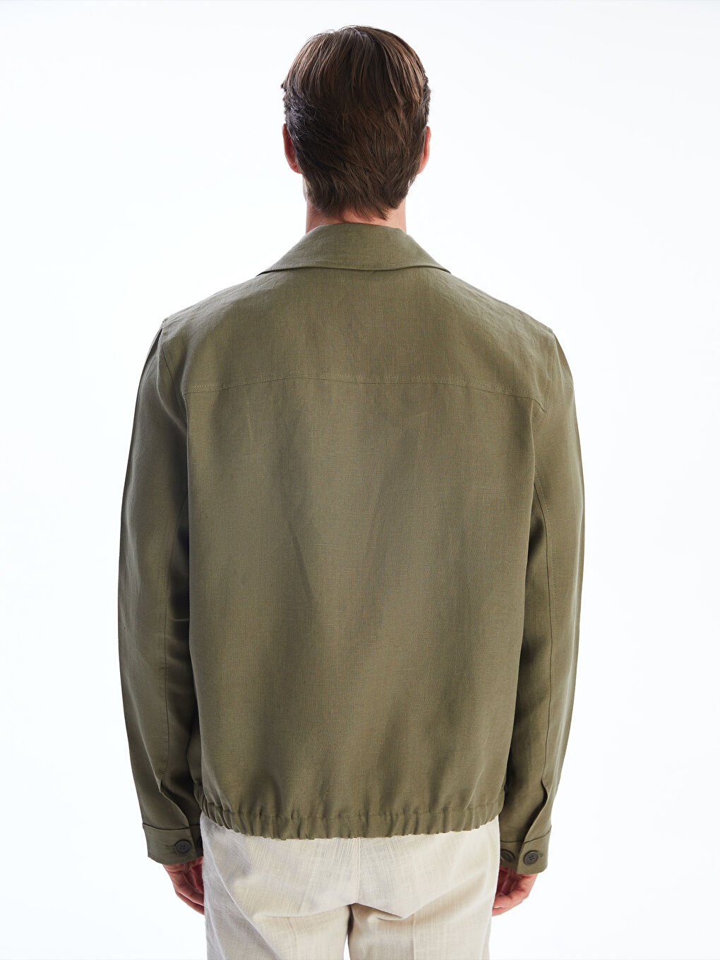 Haki Standart Kalıp Gömlek Yaka %100 Keten Erkek Ceket-3
