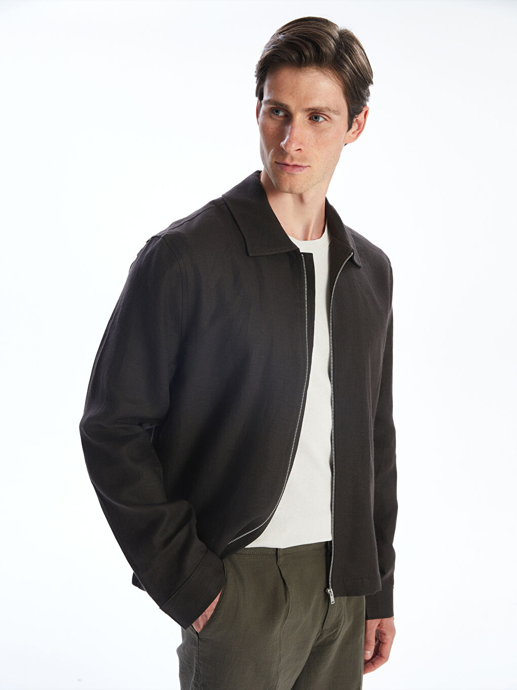 Kahverengi Standart Kalıp Gömlek Yaka %100 Keten Erkek Ceket