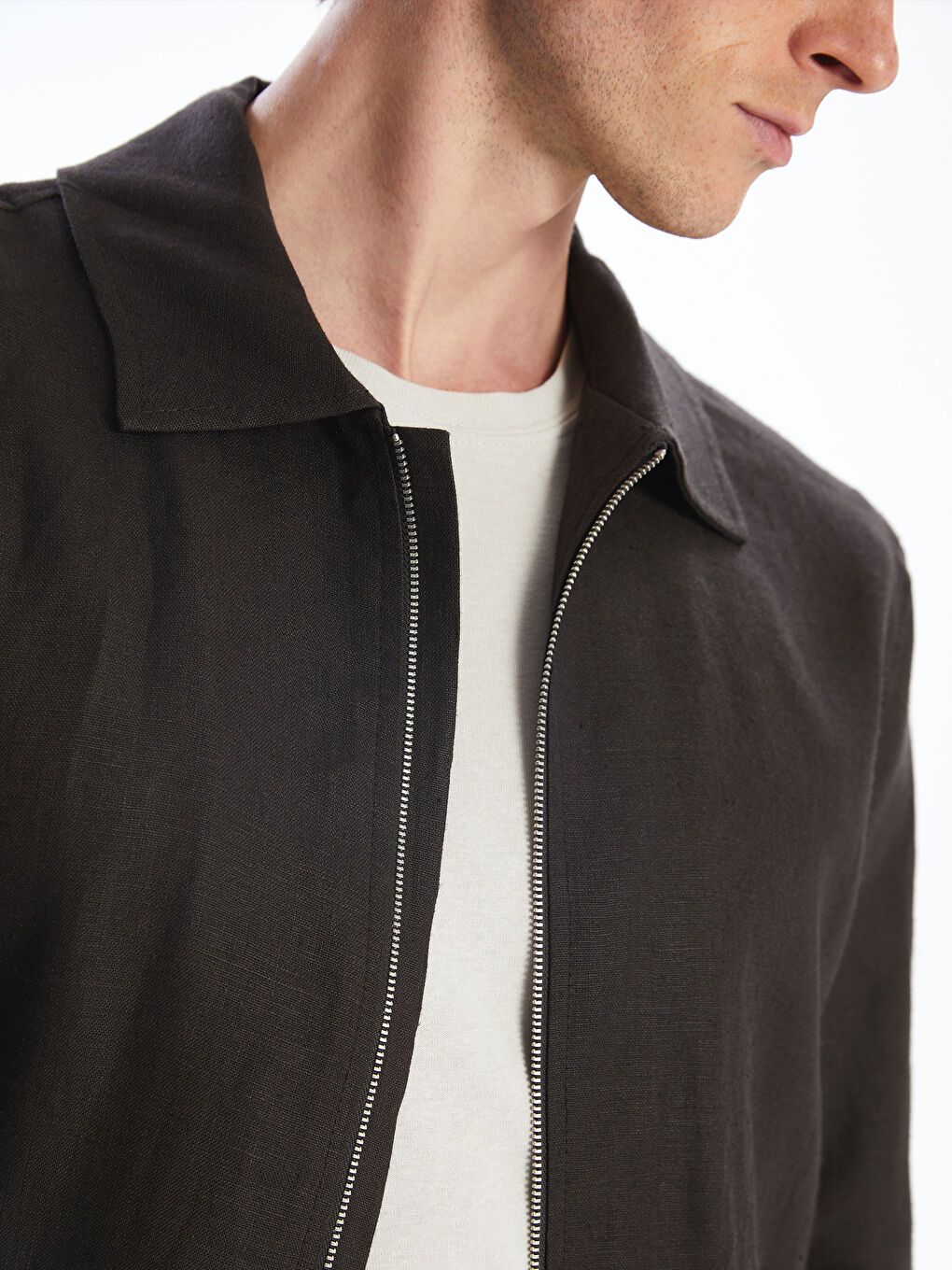 Kahverengi Standart Kalıp Gömlek Yaka %100 Keten Erkek Ceket-2