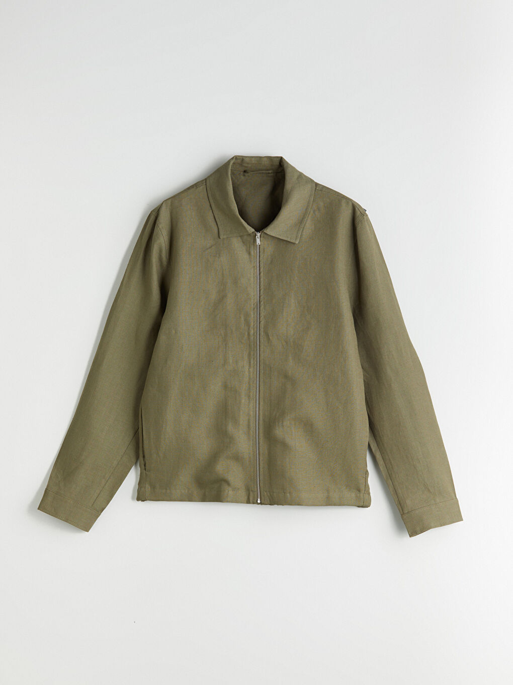 Haki Standart Kalıp Gömlek Yaka %100 Keten Erkek Ceket-4