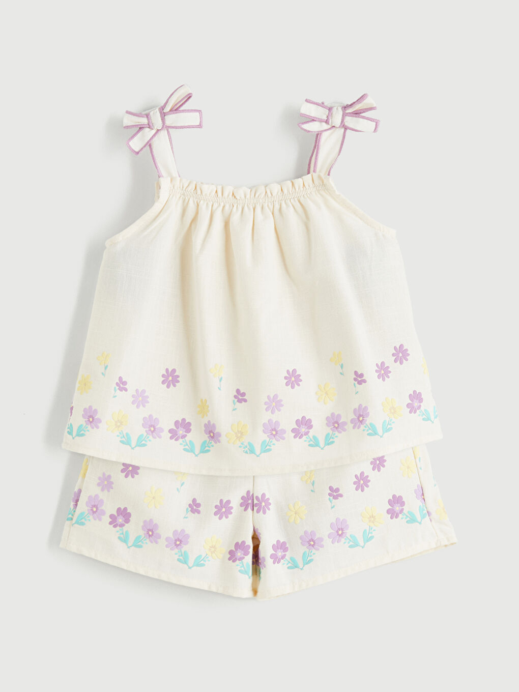 Ekru Kare Yaka Çiçekli Kız Çocuk Bluz ve Şort 2'li