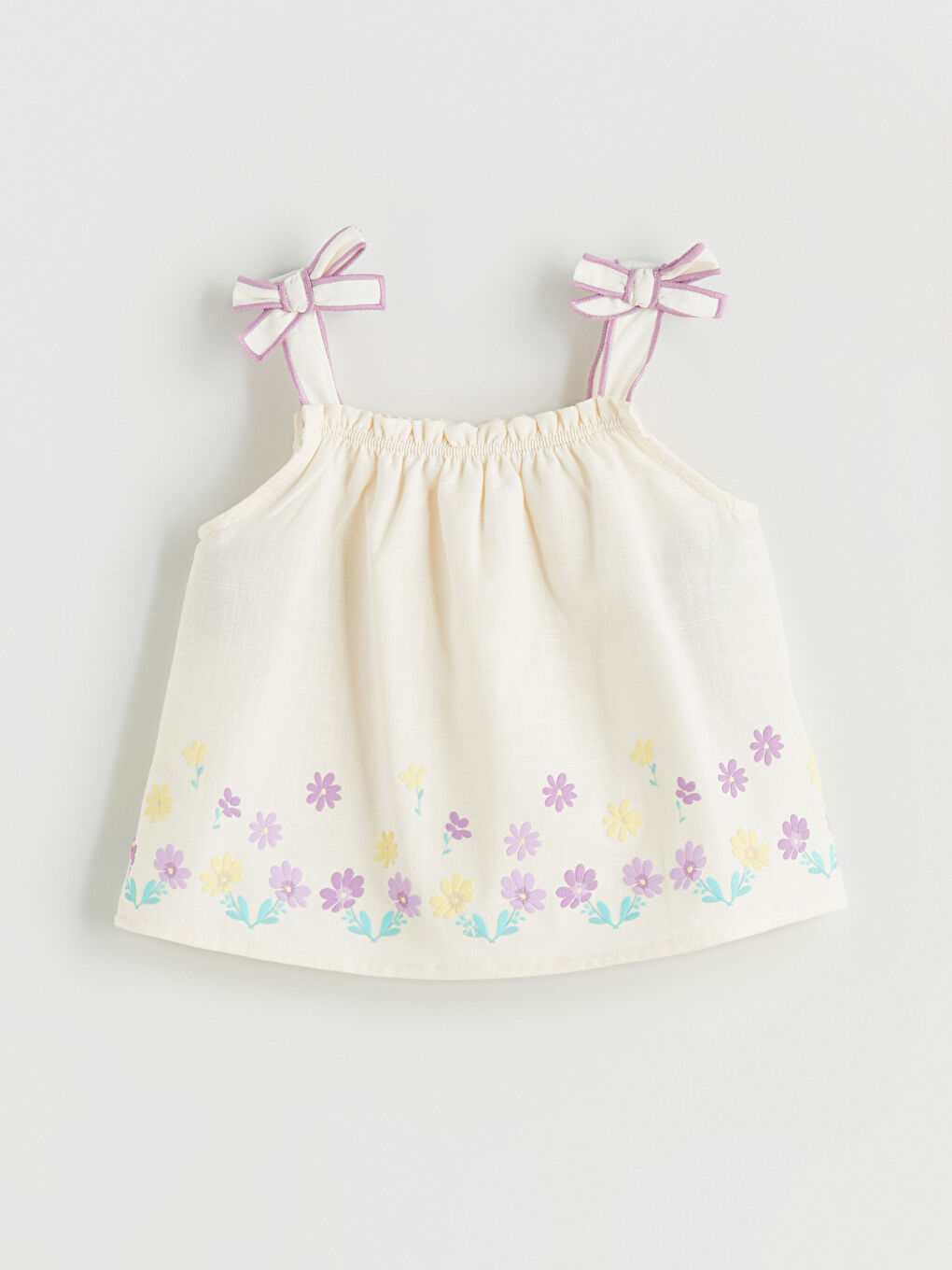 Ekru Kare Yaka Çiçekli Kız Çocuk Bluz ve Şort 2'li-1