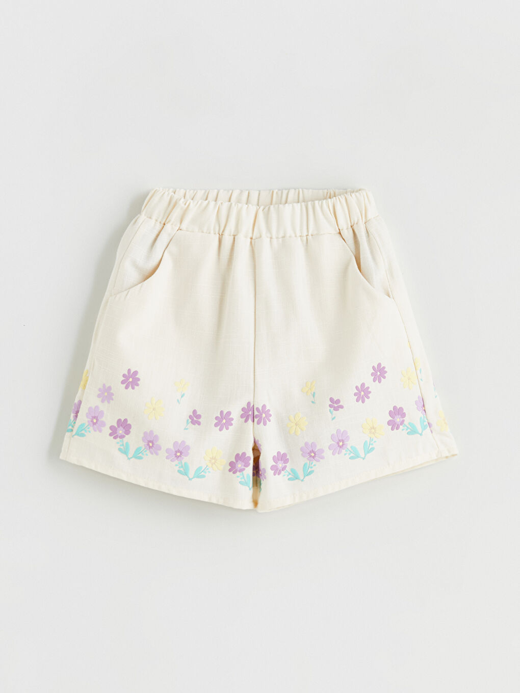 Ekru Kare Yaka Çiçekli Kız Çocuk Bluz ve Şort 2'li-4