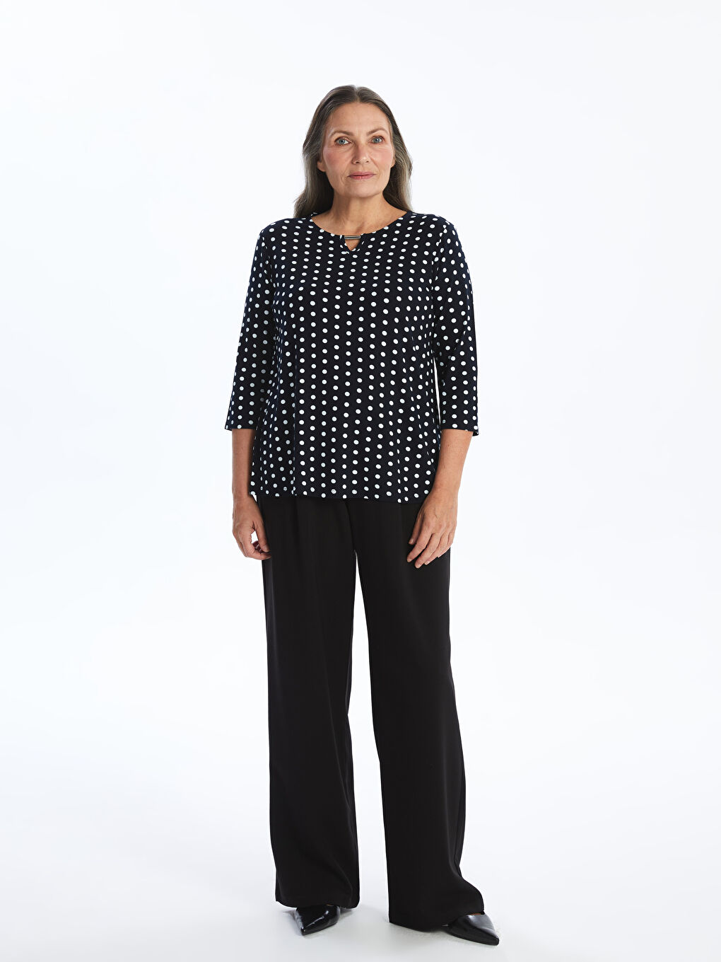 Lacivert Bisiklet Yaka Puantiyeli Bluz-3