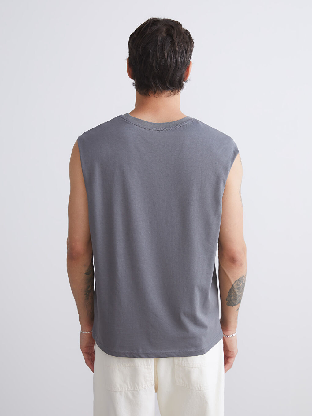 Gri Bisiklet Yaka Baskılı Penye Erkek Kolsuz Tişört-3