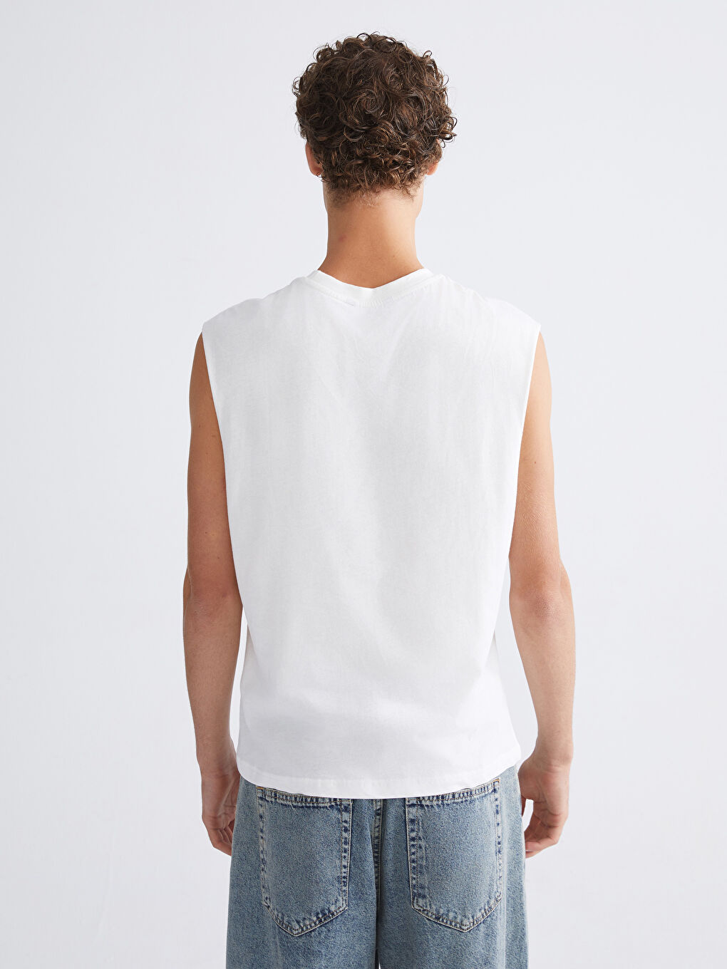 Ekru Bisiklet Yaka Baskılı Erkek Kolsuz Tişört-3