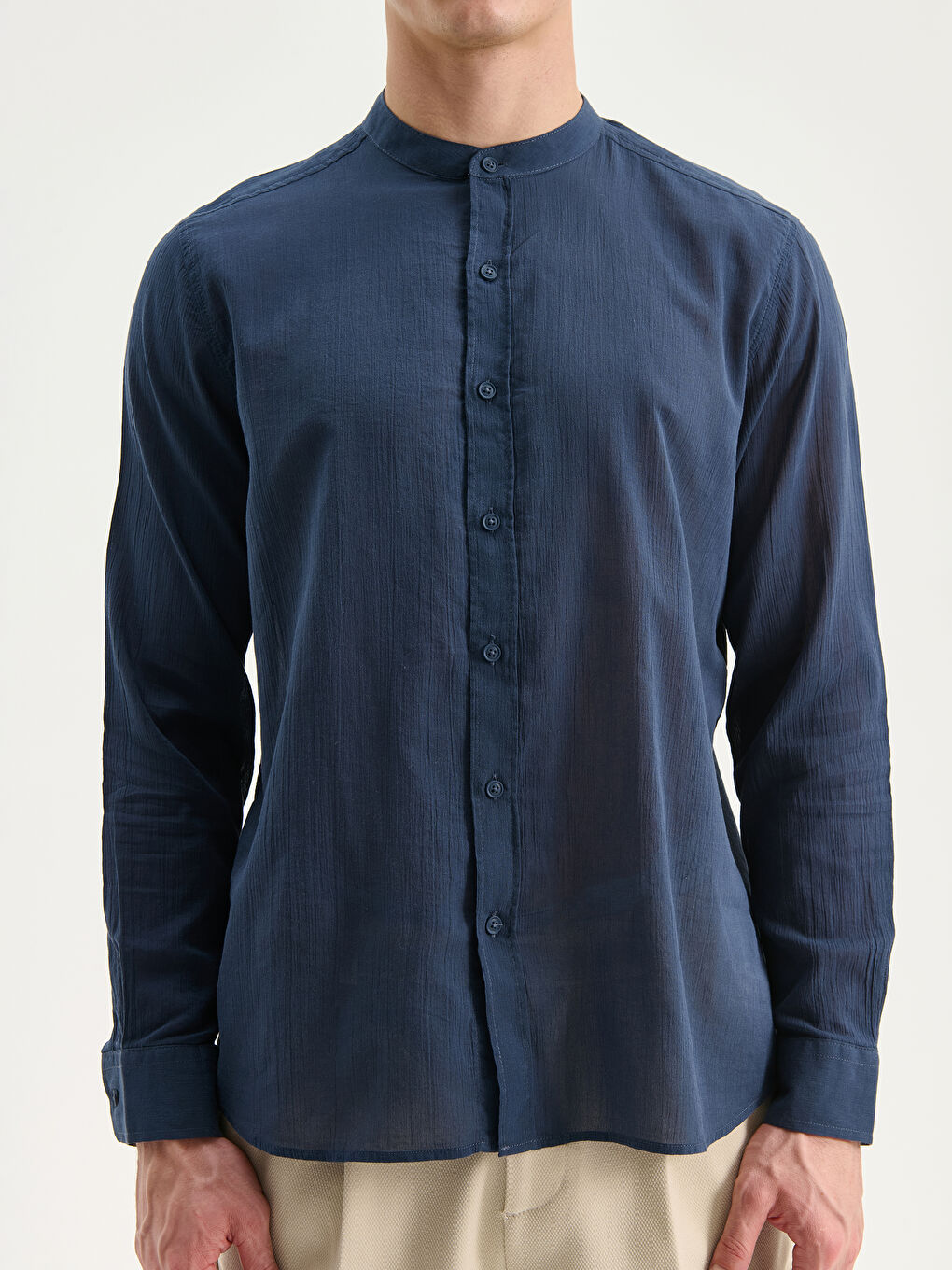 Lacivert Regular Fit Hakim Yaka Uzun Kollu Erkek Gömlek-2