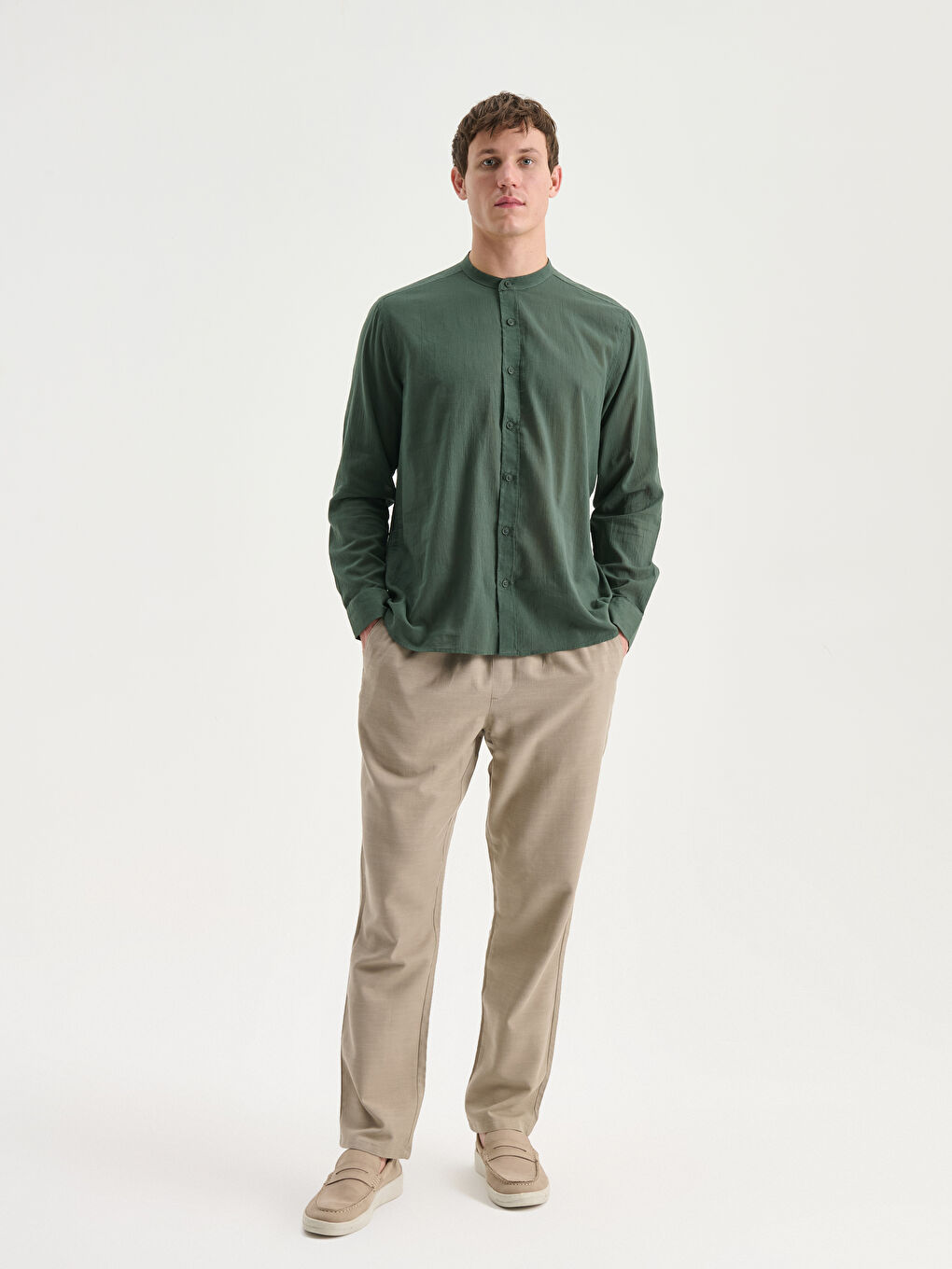 Yeşil Regular Fit Hakim Yaka Uzun Kollu Erkek Gömlek-1