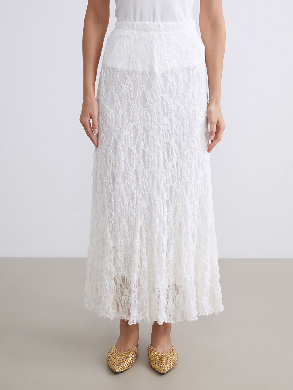 Ekru Beli Lastikli Dantelli Etek-1
