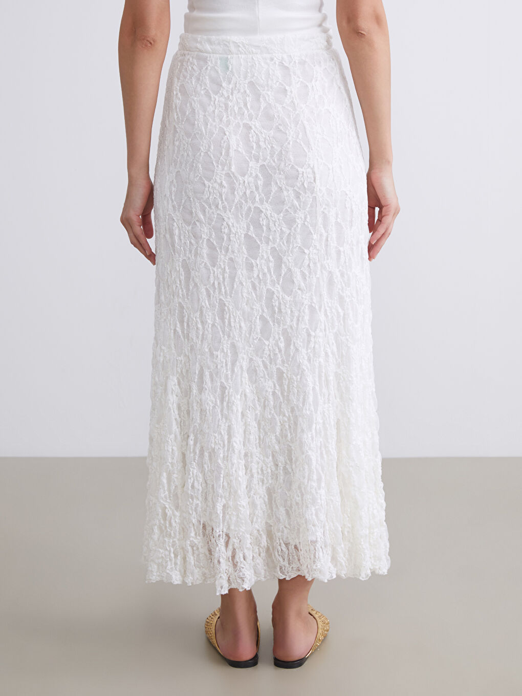 Ekru Beli Lastikli Dantelli Etek-3